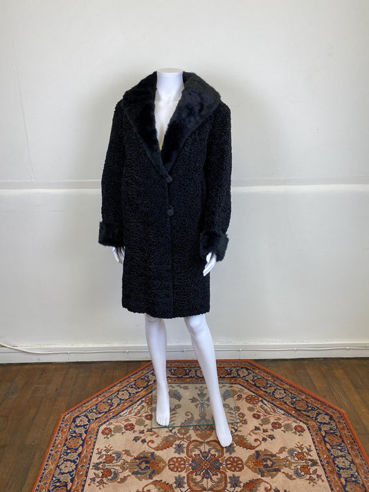 Long manteau de fourrure d'astrakan noir véritable avec col en fourrure de vison, taille M, excellent état, manteau de fourrure d'astrakan vintage, long manteau vintage de fourrure
