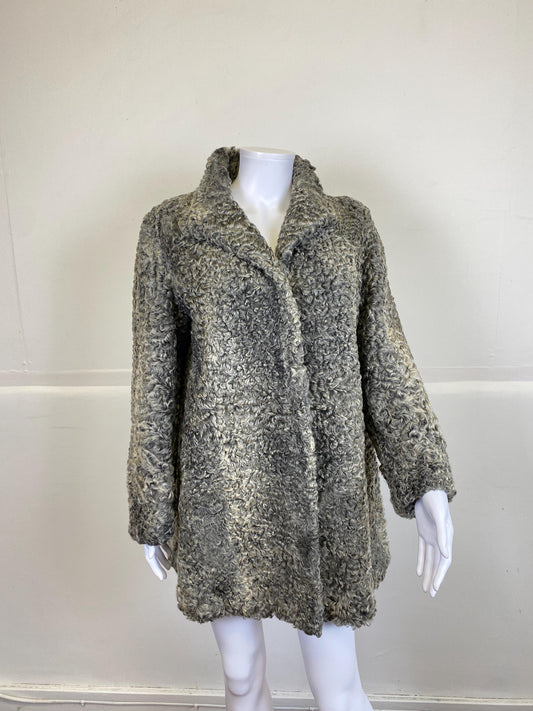 Long manteau de fourrure d'astrakan gris véritable, taille M, excellent état, manteau de fourrure d'astrakan vintage, long manteau vintage de fourrure, manteau de fourrure véritable
