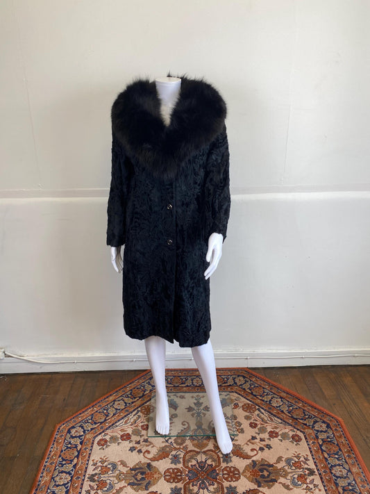 Long manteau de fourrure d'astrakan noir véritable avec col en fourrure de vison, taille M, excellent état, manteau de fourrure d'astrakan vintage, long manteau vintage de fourrure