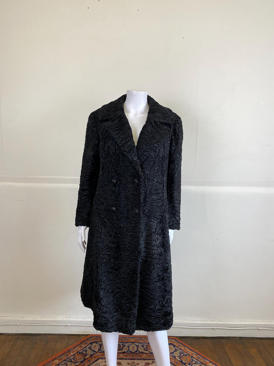Long manteau de fourrure d'astrakan noir véritable, taille M, excellent état, manteau de fourrure d'astrakan vintage, long manteau vintage de fourrure, manteau de fourrure véritable